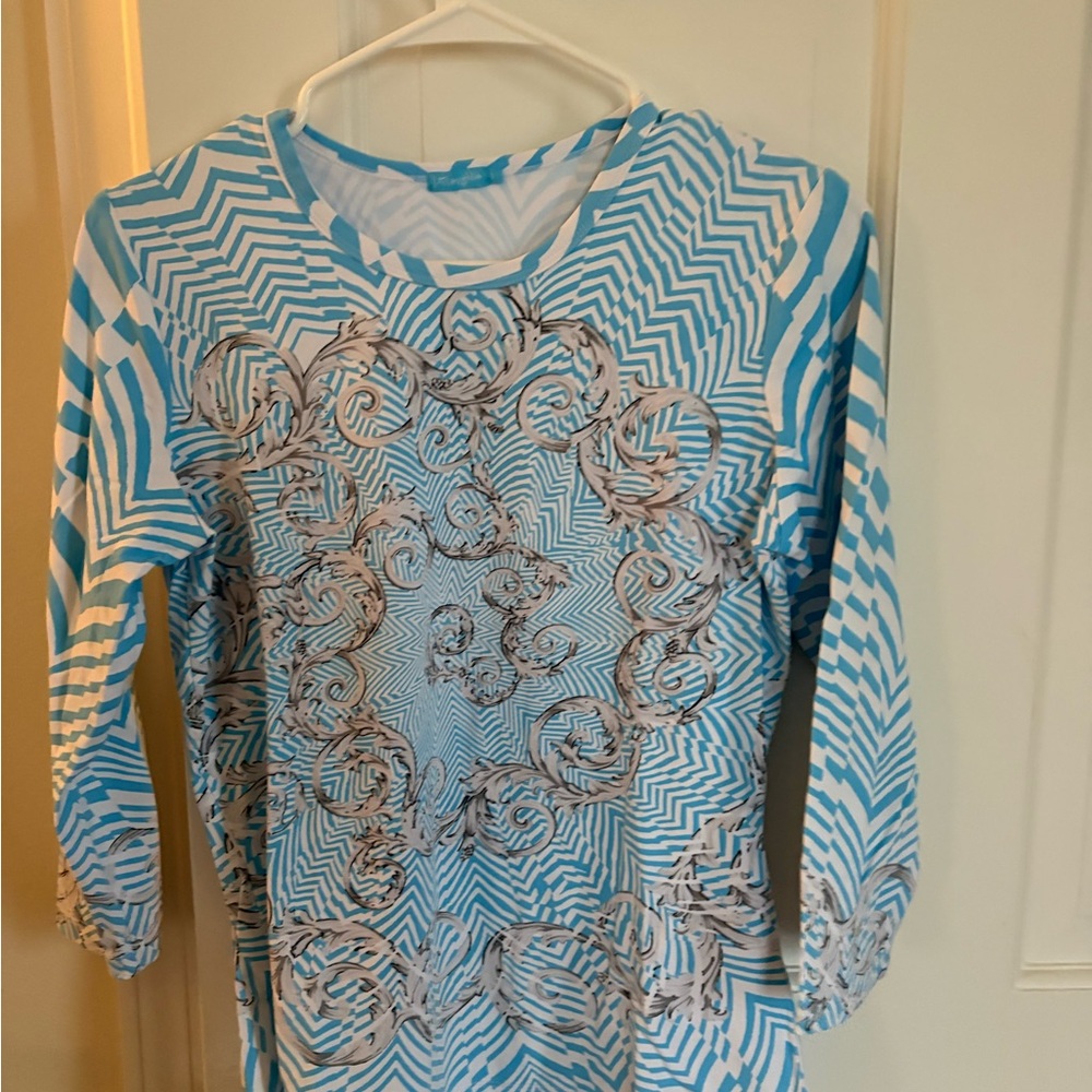 J McLaughlin Women’s Blue & White Printed 3/4 -Sleeve Blouse